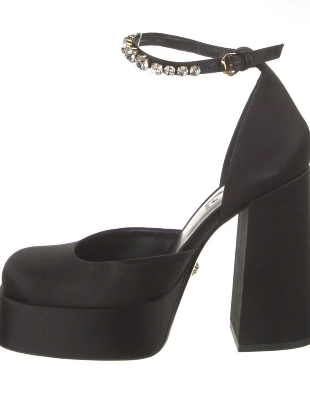 Versace Black Platform Ankle-Strap Heels with Crystal Embellishment